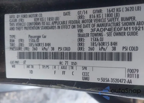 2015 Ford Fiesta Se z USA, uszkodzony, nr VIN 3FADP4EE0FM119218